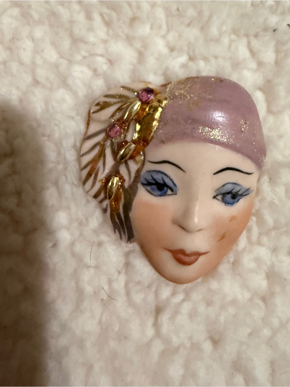 Pink Rose Porcelain Flapper Brooch in Pink, Blue and Gold